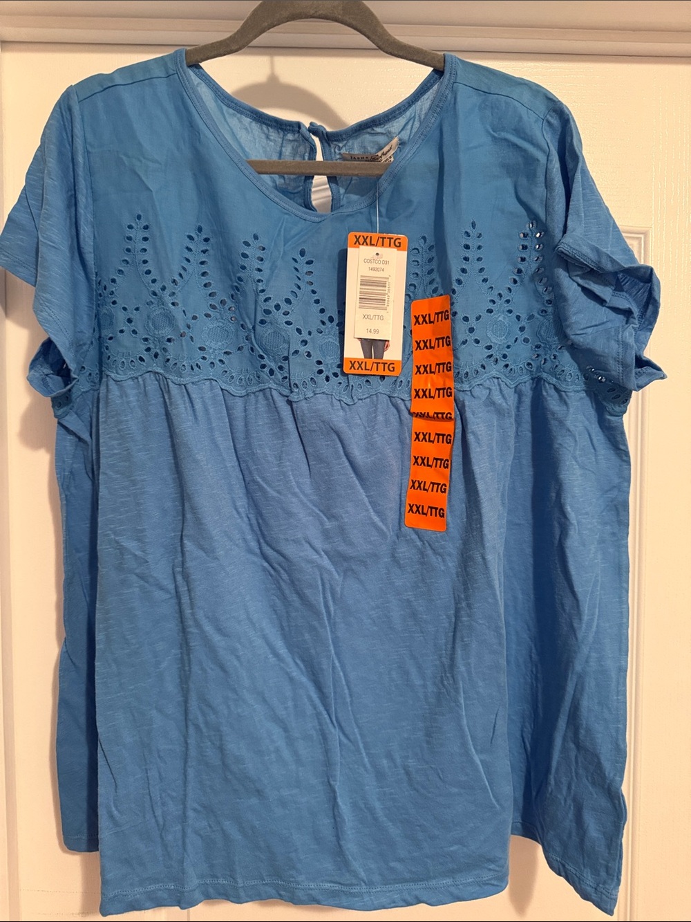 JACHS Girlfriend Light Blue Eyelet Yoke Short Sleeve Top